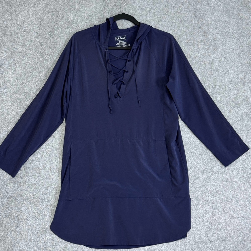 LL Bean Cover‎ Up Women Small Beach Hooded Tunic Blue Kangaroo Pocket UPF 50